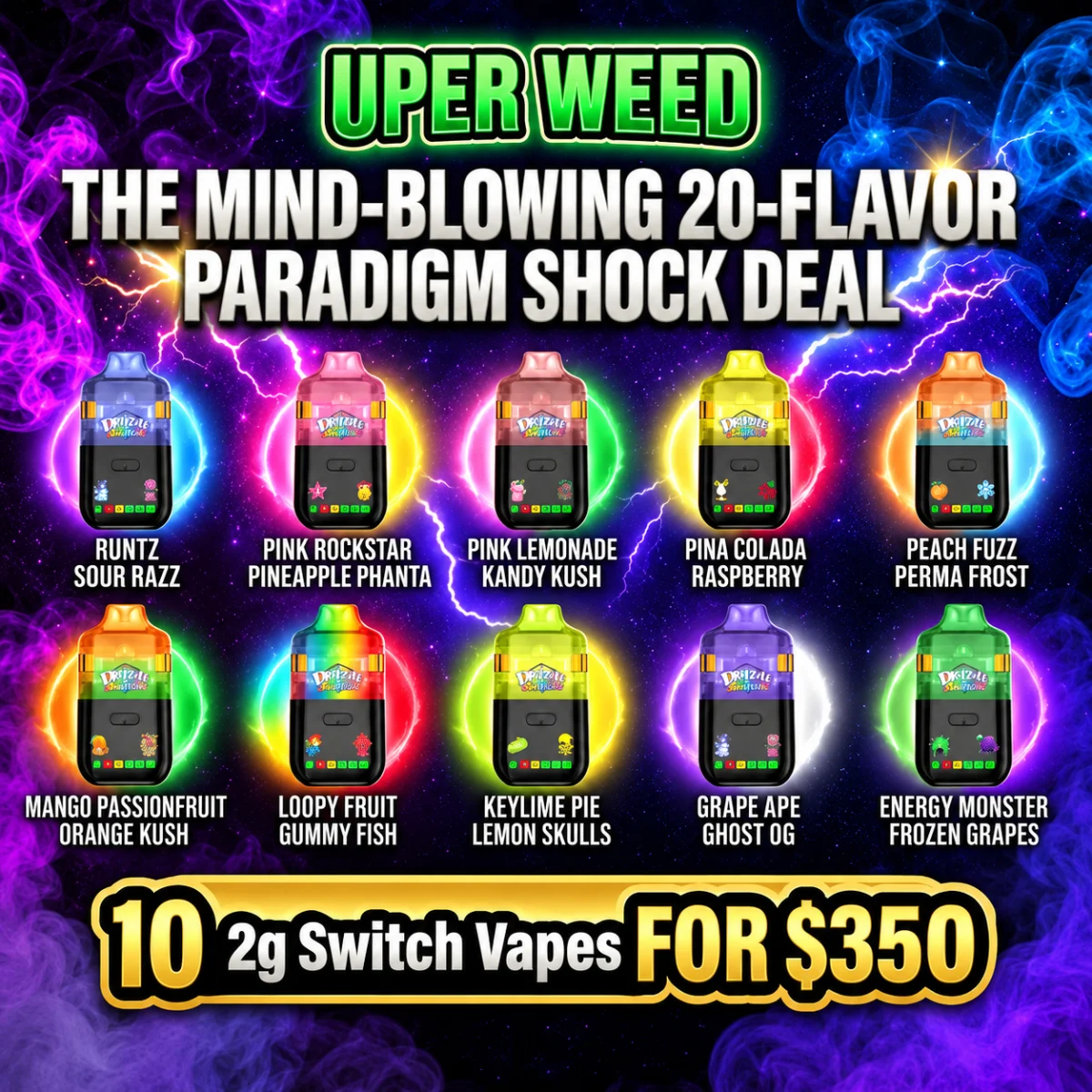 The Mind-Blowing 20-Flavor Paradigm Shock Deal – 10 2g Switch Vapes for $350